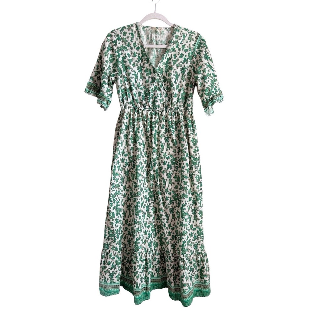 Lapogee Green Floral Print Maxi Dress Linen Women's Size Large Cottagecore Boho